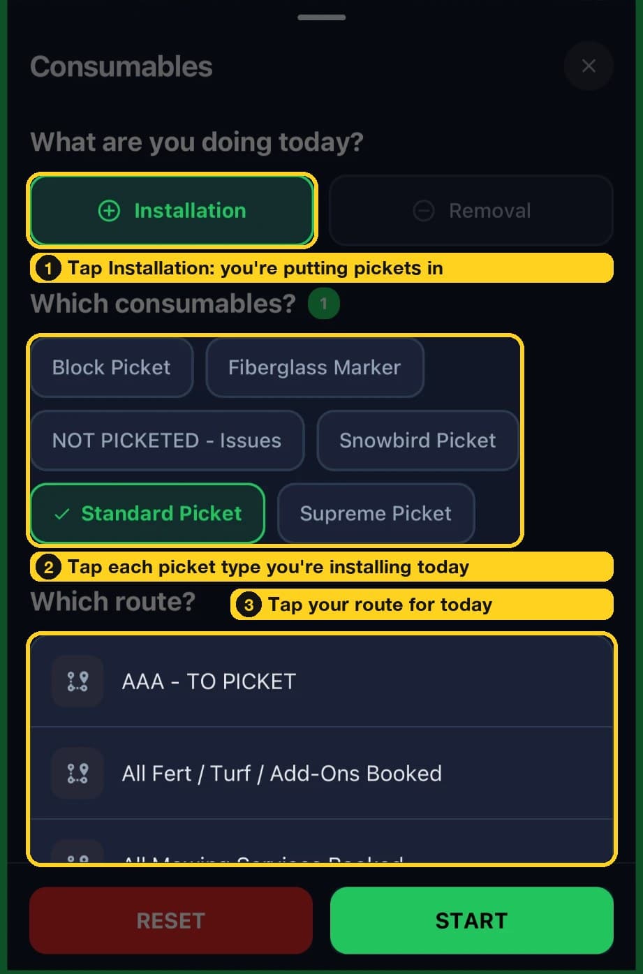 The Consumables screen with the buttons to tap highlighted