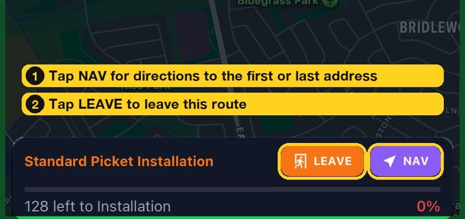 The route map bar with the NAV and LEAVE buttons highlighted