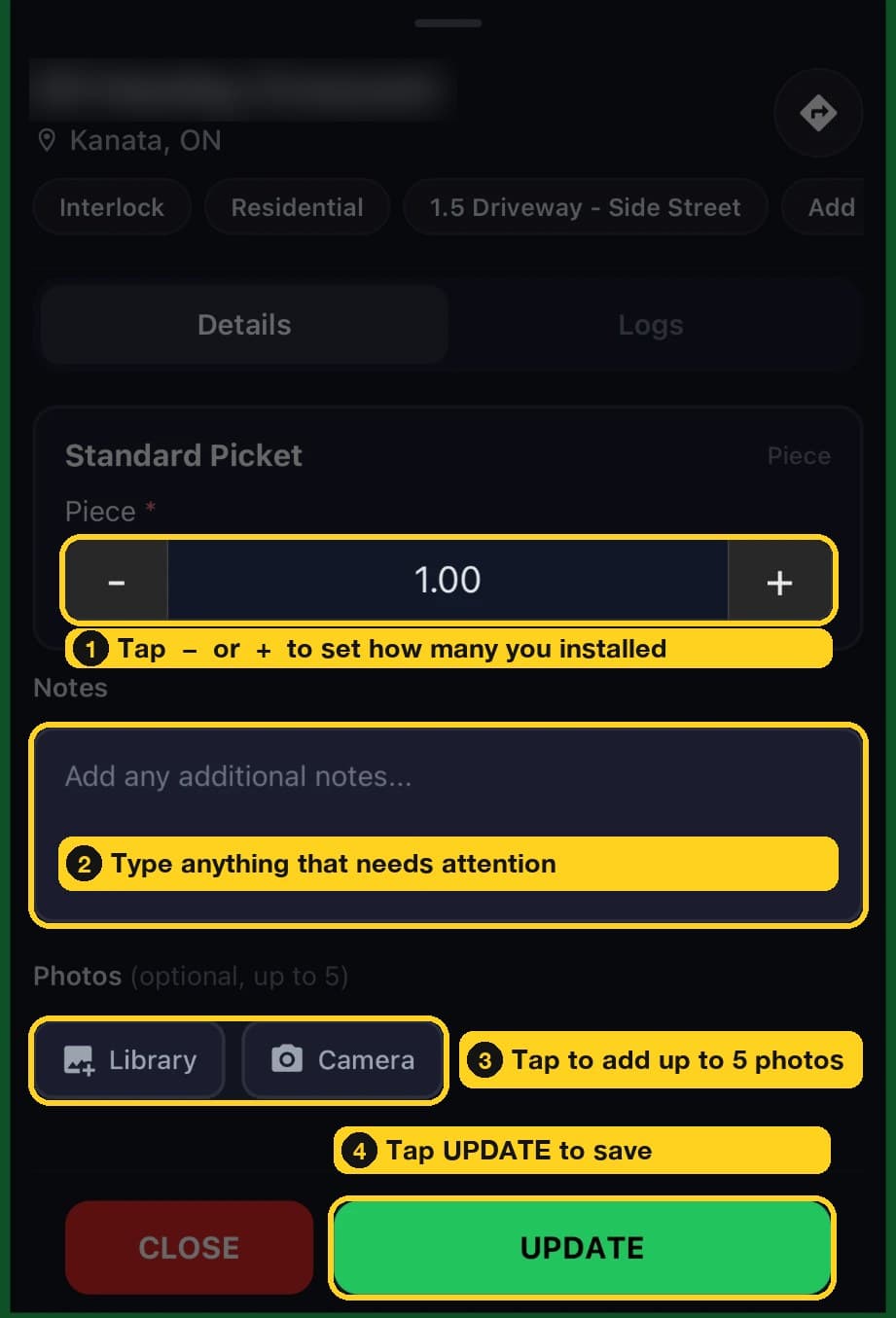 The property screen with the buttons to tap highlighted