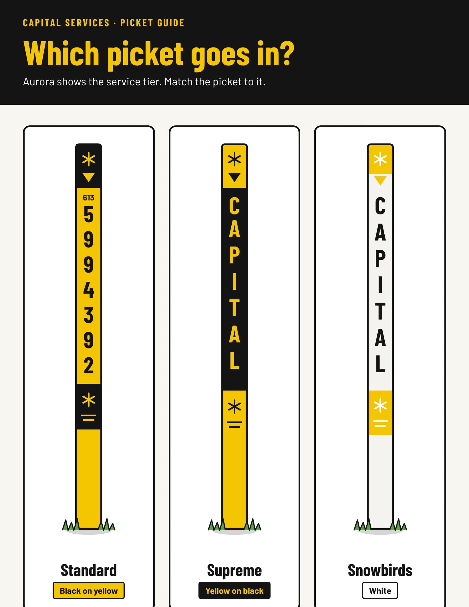 Card 1: which picket goes in. Standard is black on yellow, Supreme is yellow on black, Snowbirds is white