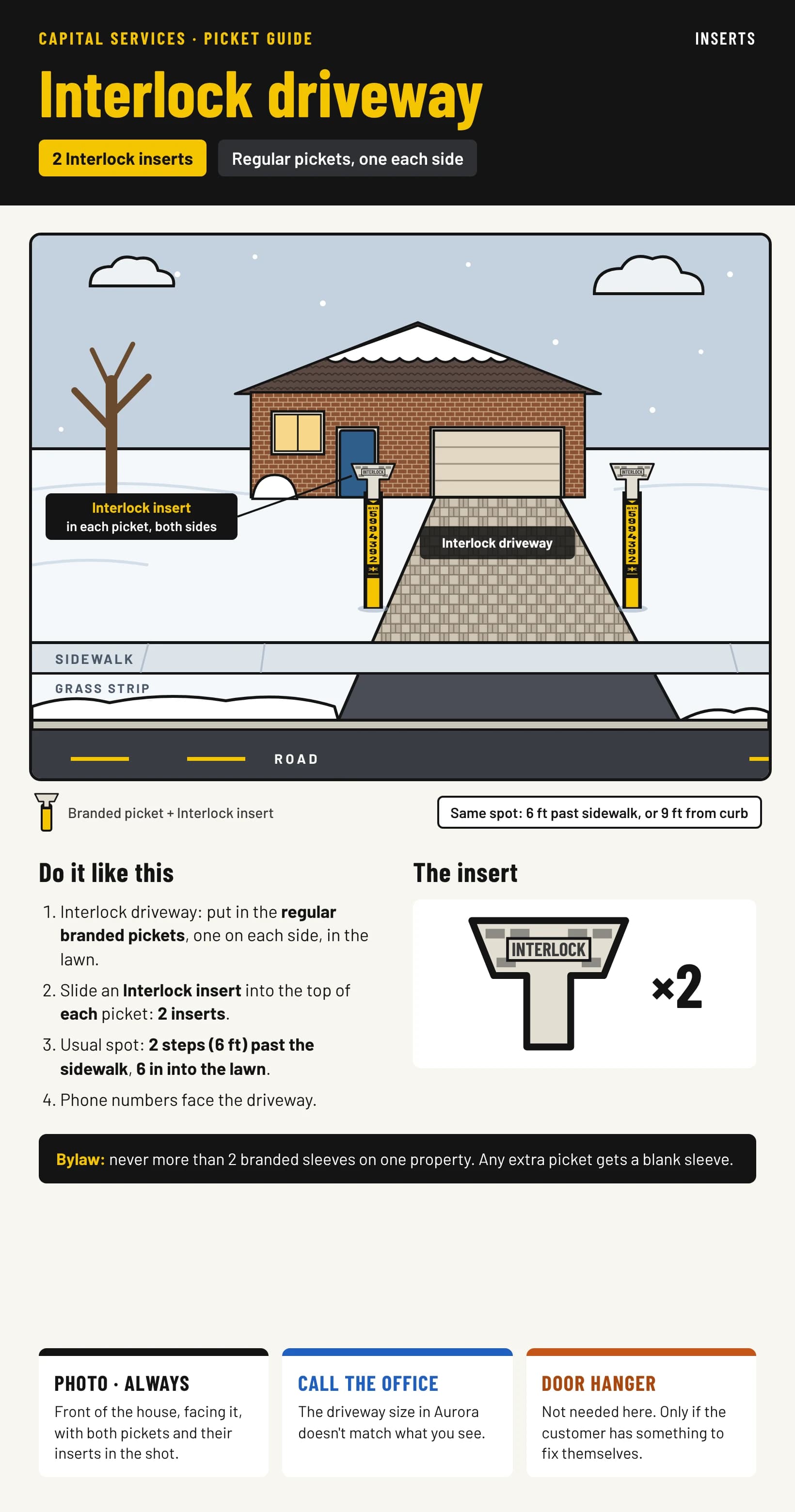 Card 6: interlock driveway. Regular branded pickets on each side, each with an Interlock insert