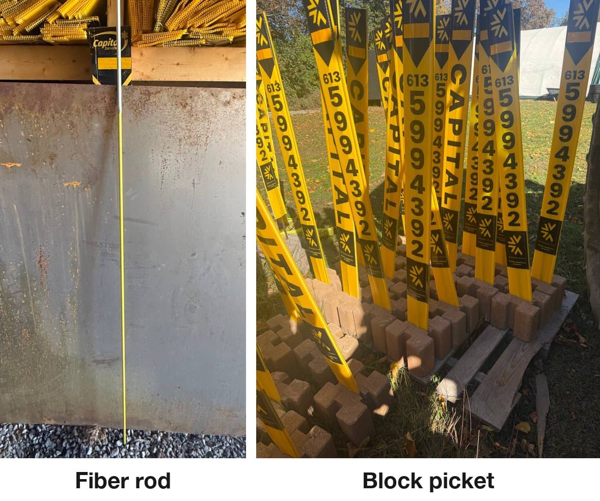 A fiber rod, and block pickets standing in stone blocks